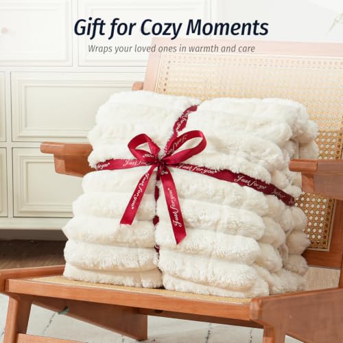 Image of Fleece Weighted Blanket for Adults (60 inch x 80 inch 20lbs, Cream White), Dual Sided Cozy Soft Sherpa Heavy Blanket with 3D Striped Flannel Blankets for Couch and Bed | Soft Queen Size Sherpa Weighted Blankets with Glass Bead Filling, Plush 3D Striped Heavy Throw Blanket for Bed and Couch