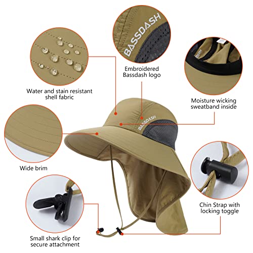 Image of BASSDASH UPF 50+ Unisex Water Resistant Wide Brim Sun Hat with Large Neck Flap Ponytail Fishing Hat for Men Women