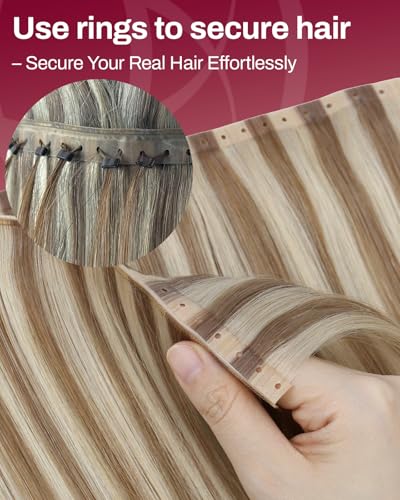 Image of Moresoo Butterfly Weft Hair Extensions Human Hair, Invisible Genius Weft, Light Brown with Blonde 14 Inch 50g, Add Volume, OVO PU Hole, Straight Soft Remy Hair, Simple Installation