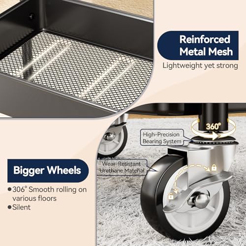 YASONIC 3 Tier Rolling Cart - Metal Utility Cart with Wheels, Hanging Cups, Hooks, Heavy Duty Mesh Rolling Storage Cart Organizer, Craft Cart for Kitchen Office, Lightweight and Sturdy - Image 6