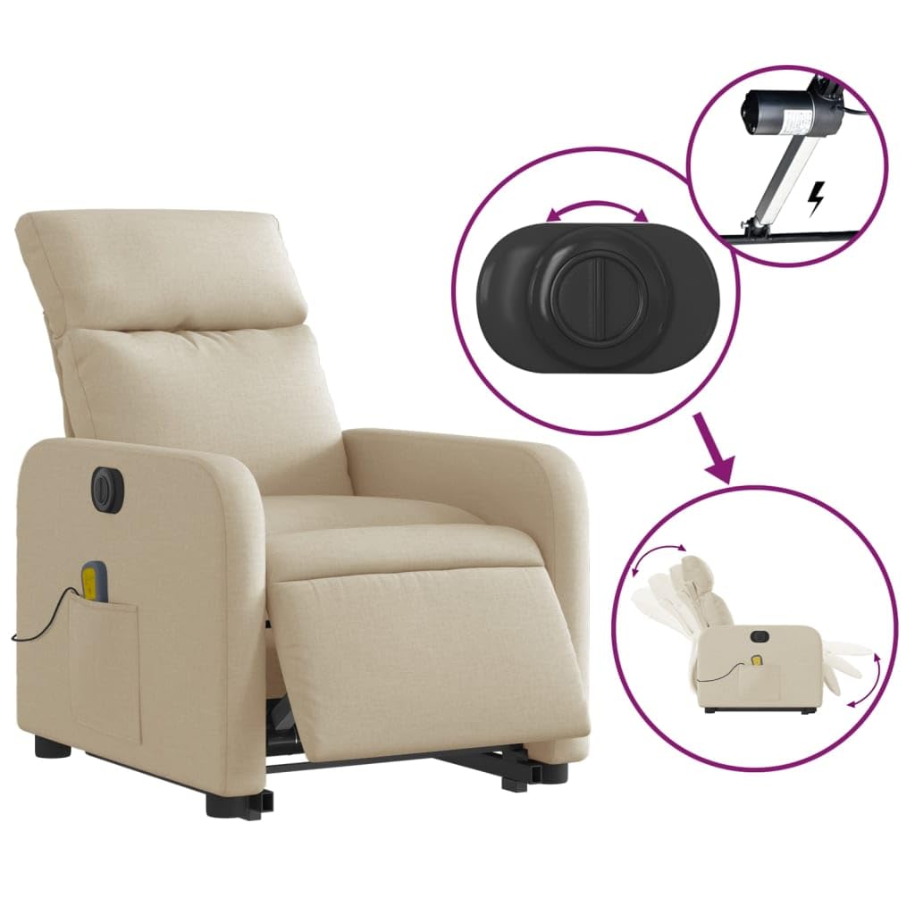 Sillón elevador eléctrico reclinable de tejido crema con 6 puntos de vibración y motor para elevación e inclinación, estructura estable y bolsillo lateral