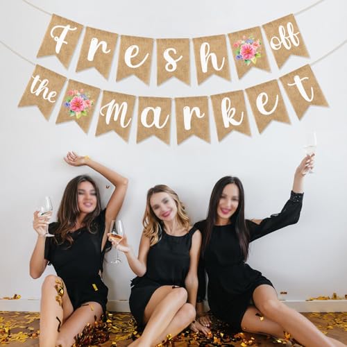 Image of She's Fresh Off The Market Burlap Banner Pre-Assembled for Farmers Market Bachelorette Party Floral Bridal Shower