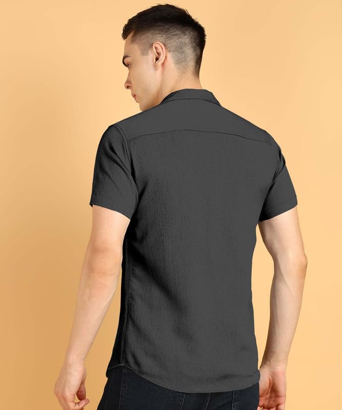 Image of COMBRAIDED Men's Solid Cotton Blend Half Sleeve Shirt - Regular Fit Casual Button-Down Shirt for Office & Travel - Summer & Spring
