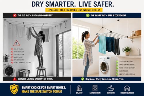 Image of Purnima Marketing PM Heavy Duty Stainless Steel (5 Pipe X 4 Feet) ECODRY Model with UV Protected Nylon Rope Ceiling Cloth Dryer | Cloth Drying Stand for Balcony | Clothes Stand for Drying