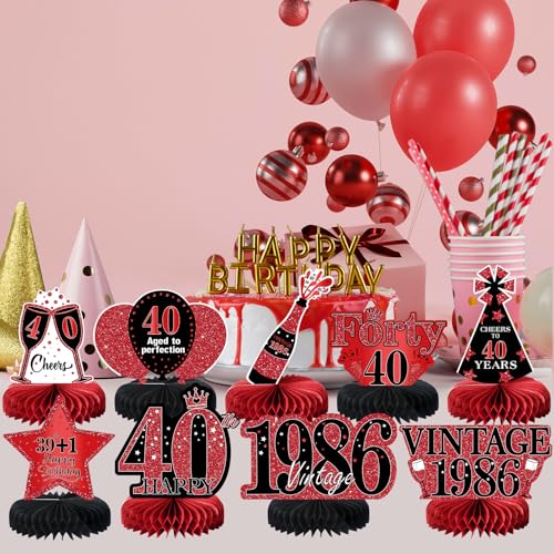 Image of 9Pcs 40th Birthday Decorations Red and Black 40th Birthday Party Decorations for Women,Happy 40 Years Vintage 1986 Aged Honeycomb Centerpieces Table Sign Decor Supplies