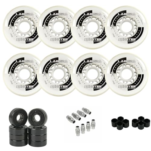 Labeda Shooter Roller Hockey Wheels - 80mm White - 8-Pack and Hybrid Ceramic Bearings