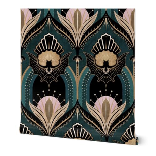 Art Deco Bats Flowers Teal Gold