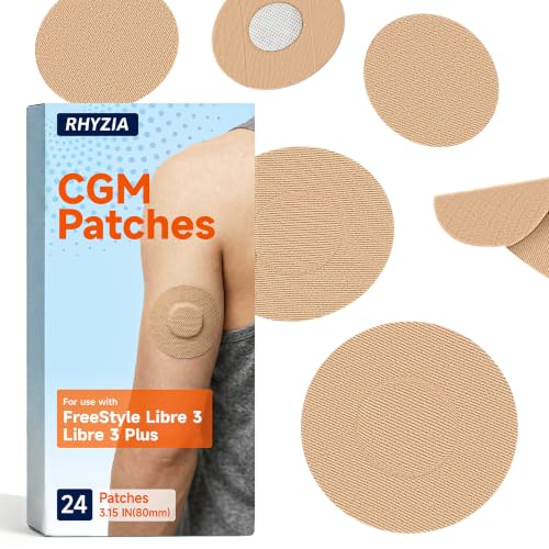 RHYZIA Freestyle Libre 3/Libre 3 Plus Sensor Covers Non-Adhesive Center Acrylic Pressure-Sensitive Adhesive Breathable Waterproof Latex-Free 24-Pack CGM Adhesive Patches Low-Profile Fit (Nude)