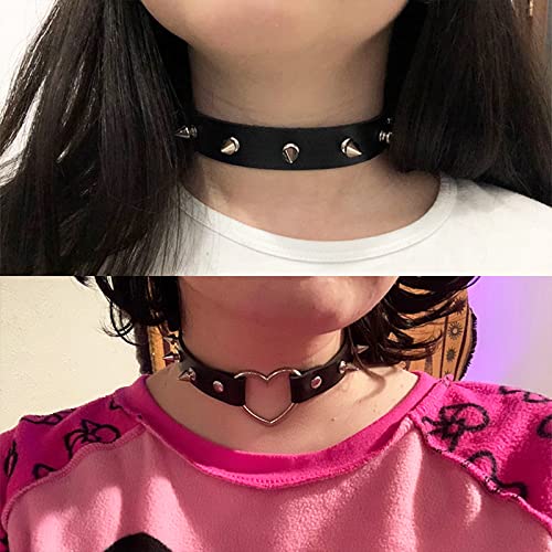 4 Stück PU Leder Choker Schwarze Herz Choker Nieten Halsband Verstellbarer Punk Gothic Choker Halskette Damen Mädchen Halloween Anime Party Kleidungs Zubehör