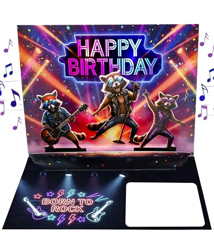 Joli Coon Biglietto auguri compleanno con musica e luce – Biglietto auguri compleanno pop up 3D Born to rock con effetto luminoso, busta e adesivo sigillo – 20 x 15 cm