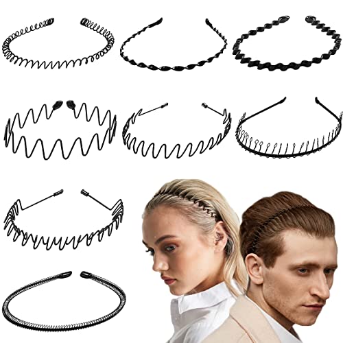 8 Pieces Unisex Metal Hair Band Adjustable Wavy Headband Non-slip Black Hair Hoop for Long Curly Hair for Men and Women Home, Outdoor, Sports and Yoga Accessories (Type A)