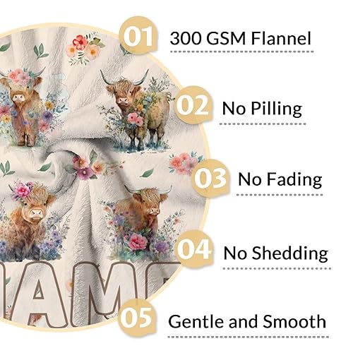 Mercuryelf Custom Highland Cow Throw Blanket - Soft, Fuzzy & Warm - 50x60 Inches Flannel Blankets for Living Room, Sofa - Beige Cute Throws Gift for Teens
