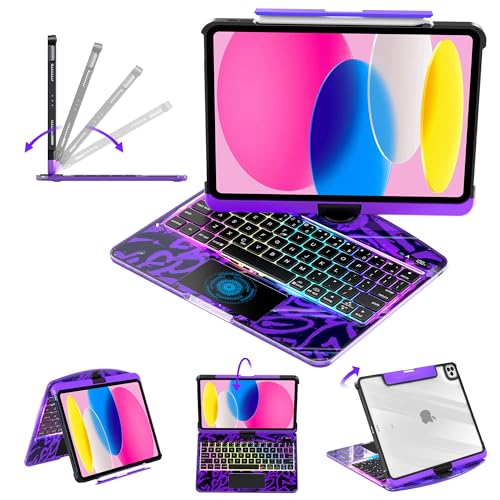 Image of Clear Keyboard Case for iPad 10th Gen (2022 /2025 10.9 inch) & 11 inch (A16) 3-Brightness, 7-Color Backlight, Trackpad Wireless Bluetooth Keyboard with 360 Rotating Stand, Pencil Holder Purple