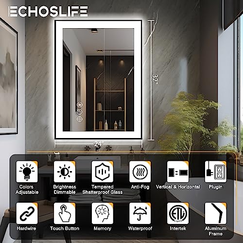 24x32 LED Bathroom Mirrors for Wall -Black Aluminum Framed (Front and Backlit), Anti-Fog Vanity Mirror With Lights,Stepless Dimmable Lighted Mirror,3 Colors Smart Mirror(Horizontal/Vertical)