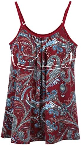 ANYFITTING Plus Sized Bohemian Tank Tops Ladies Bra Cami Red Floral Vintage Spaghetti Strap Flowy Camisole with Built in Bra