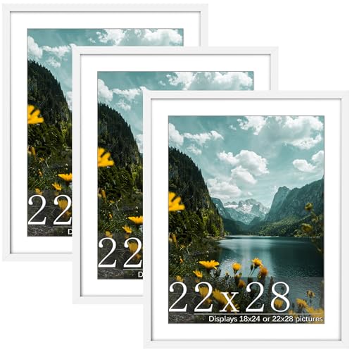 Picrit 22x28 Frame 3 Pack, White Poster Frame, Display Poster 18 x 24 with Mat or 22 x 28 without Mat for Horizontal or Vertical Wall Mounting
