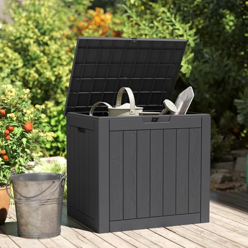 Image of DUMOS 31 Gallon Deck Box, Lockable Outside Storage Boxes for Outdoor Use, Outside Waterproof Resin Package Delivery Box for Backyard Patio Garden, Black