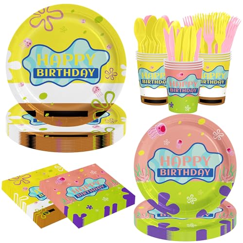 Yellow Cartoon Happy Birthday Party Decorations Set - Yellow & Pink Cartoon Theme Plates Napkins Disposable Paper Cu1ps Tableware Set Birthday Sign Party Decor Supplies for Baby Summer Boys Girls