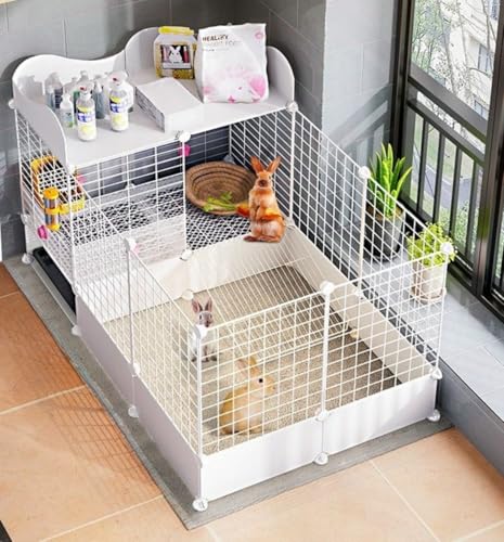 【Yecox】 ペット飼育ゲージ 専用フェンス 広い空間小屋 ペット巣 ワイヤー上部収納 引き出しトイレ付 屋根付き 天井扉 移動便利 拡張可能 掃除しやすい 脱走防止 組立簡単 頑丈 使いやすい 兎 大型 大きいモルモット 小動物 室内飼い(C)