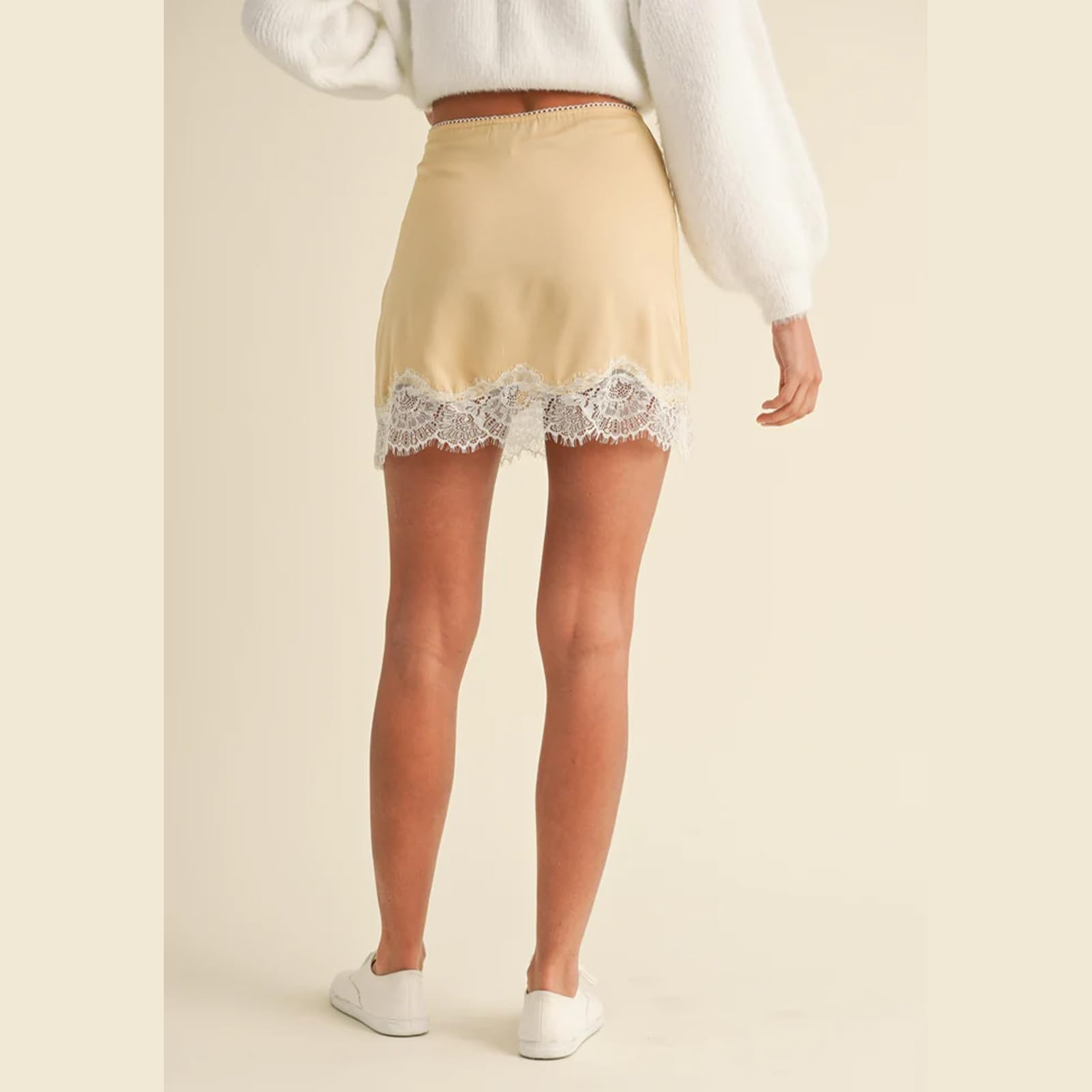 Sexy Outfit Damen-Halbslip aus Satin mit Spitzenbesatz, elastischer Taille, kurzer Unterrock, Petticoat für Unterkleider, weicher Slip-Rock in den britischen Größen 6–24