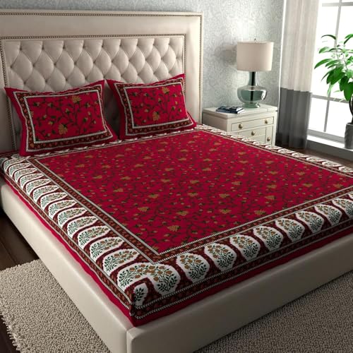 Image of LA VERNE 104 TC Cotton Double Bed Bedsheet Jaipuri Rajasthani Print Bedsheet with 2 Pillow Covers
