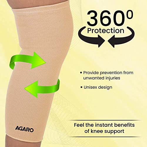 Image of AGARO Stretchable Knee Support, Breathable Fabric, Uniform Compression, Relieves Muscle Pain, Joint Pain, Injury Recovery, For Workout, Running, For Men & Women, Knee Cap, Small, Biege, Pack of 2