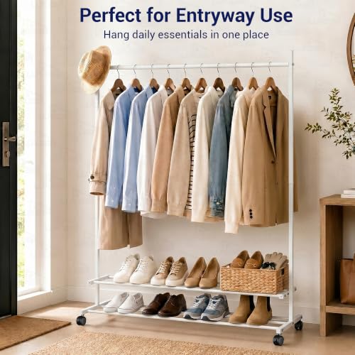 Image of Lukzer Single Rod Metal Garment Rack with Wheels & 2 Bottom Shelves, Portable Clothes Stand /Coat Hanger Rack with Shoe Storage for Bedroom, Entryway & Open Wardrobe (White /109x34x162 cm)