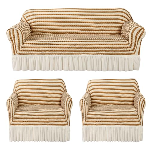 Image of House of Quirk Turkish Bubble Frill Five Seater 3 + 1 + 1 Sofa Slipcovers 280 GSM, Durable Washable Universal Triple Seater High Elastic Furniture Protector (Beige Stripe)