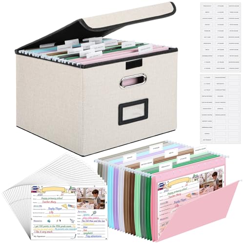 School Memory Organizer Box Kit K-12 School Year Memory Keepsake with 24 Different Memorys Questionnaire 24 Hanging File Folder 2 Label for Kid Storage Picture File Keeper(Neutral Beige Linen)