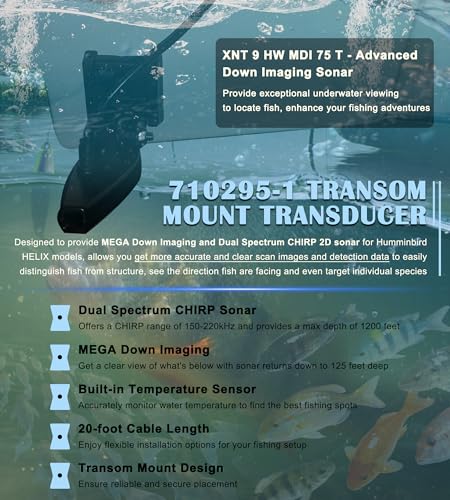 Image of Bonbo 710295-1 XNT 9 HW MDI 75 T Transom Mount Transducer with Temperature Sensor for Humminbird Helix 7 /8 with MEGA Down Imaging and Dual Spectrum Chirp, 20 Feet Long, Black