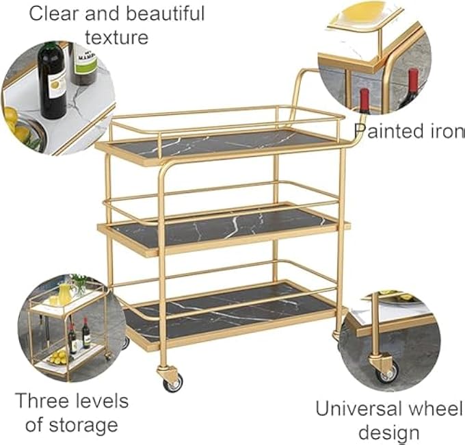 Modern Black and Gold Rolling Cart with Lockable Wheels - 3-Tier Serving Shelf Stylish Storage Solution for Kitchen and Living Room Versatile Beverage Cart.-H2lmeFHK