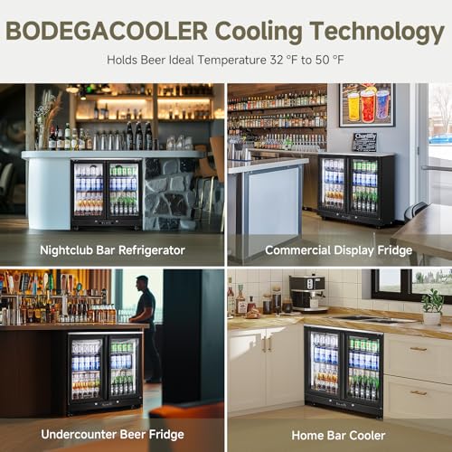 Image of BODEGACOOLER Back Bar Cooler with 2 Glass Doors,7.7Cu.ft Commercial Bar Beverage Refrigerator Under Counter LED Lighting for Soda Drinks,Beer,Wine with Stainless Steel Top,DOE Approved,4 Casters