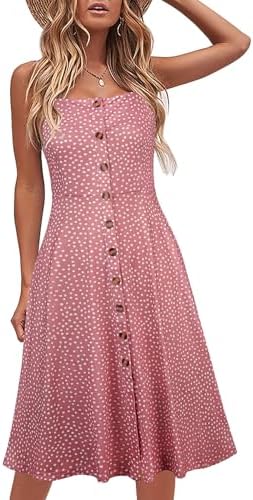 Berydress Women's Casual Beach Summer Dresses 2025 Solid Cotton Flattering A-Line Spaghetti Strap Button Down Midi Sundress