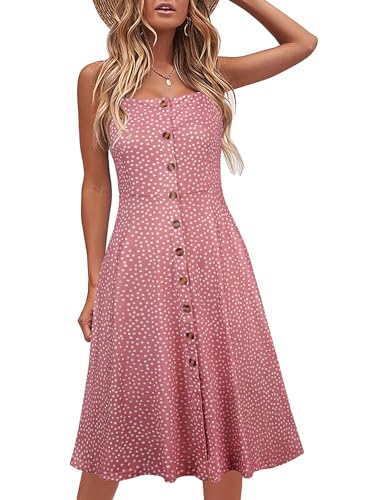 Image of Berydress Women's Casual Beach Summer Dresses 2026 Solid Cotton Flattering A-Line Spaghetti Strap Button Down Midi Sundress