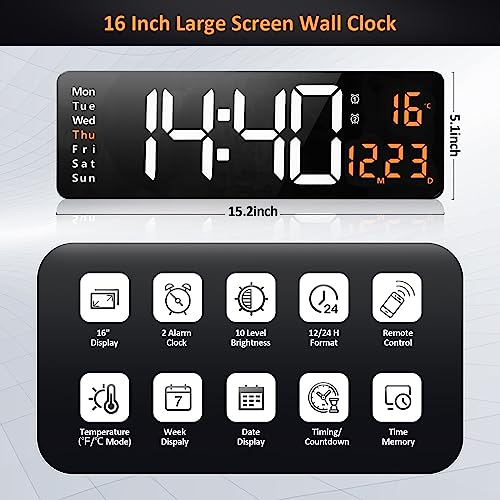 Image of Digital Wall Clock, 16 inch Large Digital Clock with Time Date Temp Week, Timer, 12 /24Hr, Auto-Dimming, Remote Control for Living Room /Classroom /Gym /Church /Store /Garage (Orange)