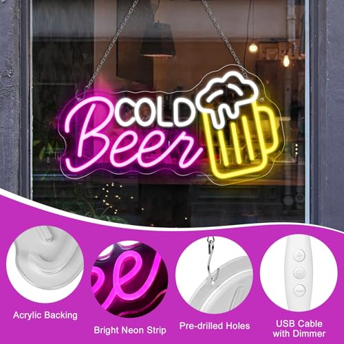 Image of Cold Beer Neon Signs for Wall Decor, 16.5 inchX 9 inch Dimmable LED Neon Sign Powered by USB with ON /OFF Switch, Bright High Visibility Light Up Neon Signs for Home Beer Club Party Gift