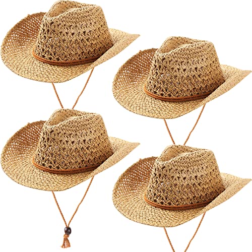 Image of Unittype 4 Pcs Straw Cowgirl Cowboy Party Hats for Party - Fun Western Theme Hats for Parties, Photo Props & Group Events