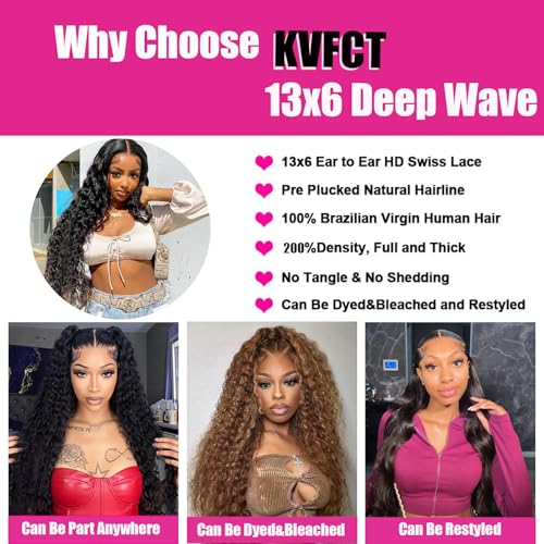 Image of KVFCT 30 Inch Deep Wave Lace Front Wigs Human Hair 13x6 HD Transparent Deep Wave Lace Front Wigs for Women 200% Density Curly Lace Front Wig Pre Plcked Deep Wave Wigs with Baby Hair