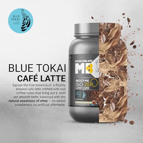 Image of MuscleBlaze Biozyme Iso-Zero Whey Protein Isolate Powder, 1kg (2.2lbs) | Blue Tokai Cafe Latte | 27g Whey Protein Per Scoop | USA Patent-Published Enhanced Absorption Formula (EAF)