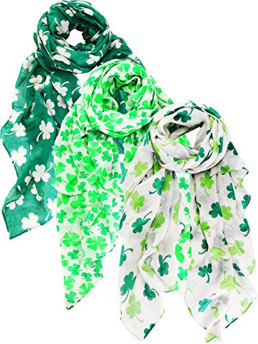 Skylety 3 Pcs St. Patrick's Day Printed Scarf Long Shamrock Shawl Irish Theme Scarf for Saint Patricks Day Outfit Women