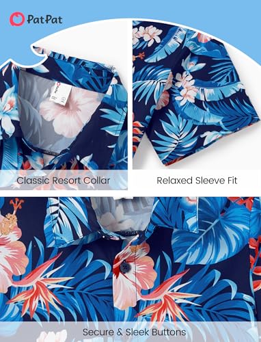 Image of PATPAT Family Hawaiian Matching Outfits - Mommy and Me Vacation Outfits | Halter Sundresses and Button Down Shirts,Caribbean Vacation Summer Tropical Outfits,Hawaiian Boho Tropical Floral Printed