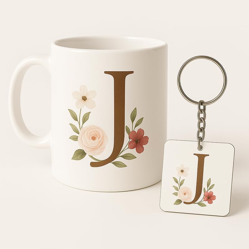 Image of Letter J Mug and Keychain Set - Elegant Floral Monogram Gift for Her /Him - Coffee Cup and Key Ring with Initial J - Coffee Mug for Everyone Any Occasion 4646 10