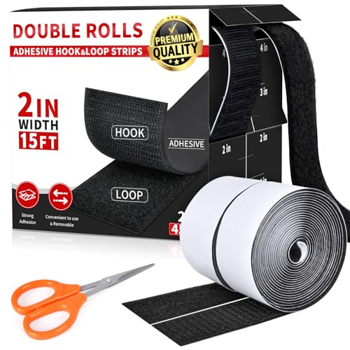 2 Inch x 15Ft Hook and Loop Strips with Adhesive, Double Sided Self Adhesive, Nylon Self Tape for Home Office School and Crafting
