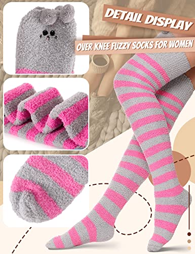Image of MOGGEI Womens Thigh High Fuzzy Socks Warm Winter Over Knee High Long Striped Fluffy Cozy Fleece Socks 2 Pairs