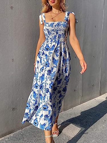 MakeMeChic Women's Fall Floral Dresses 2025 Beach Vacation Casual Blue and White Long Maxi Sundresses4