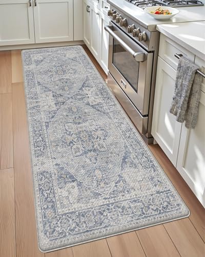 DEXI Kitchen Floor Mats Anti Fatigue, 23x86 Large Long Cushioned Vintage Runner Rug Waterproof, Standing Comfort Memory Foam Padded for Front Sink Laundry Office, Light Grey and Blue