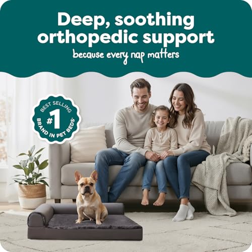 Image of FurHaven Orthopedic Dog Bed for Medium Dogs, L-Shaped Chaise Mattress with Orthopedic Egg Crate & a Solid Orthopedic Foam Base for Joint Support, Washable Cover, Medium, Plush & Velvet, Platinum Gray