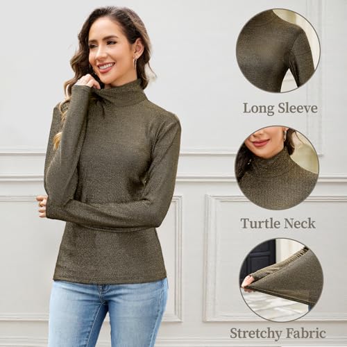 Sparkly Tops for Women, Turtleneck Long Sleeve Slim Fit Glitter Tee Blouse Tops4
