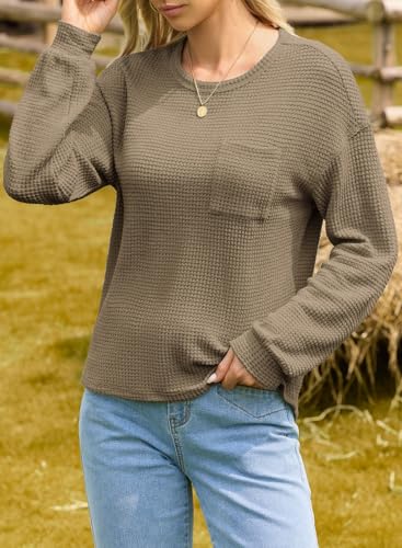 Image of Dokotoo Womens Waffle Knit Tops 2026 Oversized Long Sleeve Crewneck Shirts Business Casual Blouses Basic Shirts