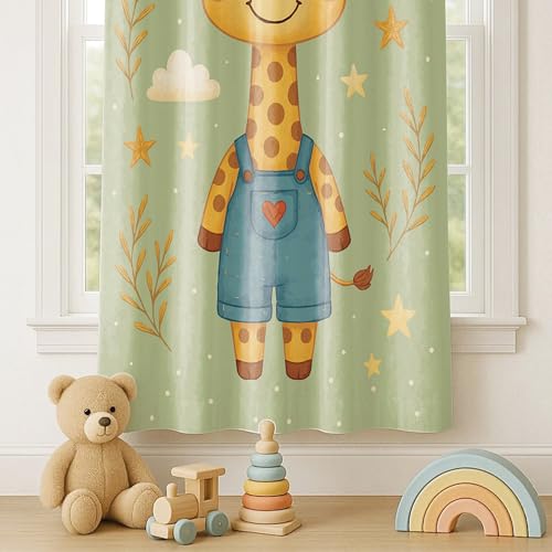 Image of STITCHNEST Velvet Kids Curtains Pack of 2 | Cartoon Giraffe & Star Print | Semi Blackout Curtains for Nursery, Baby & Toddler Room | 7 Feet